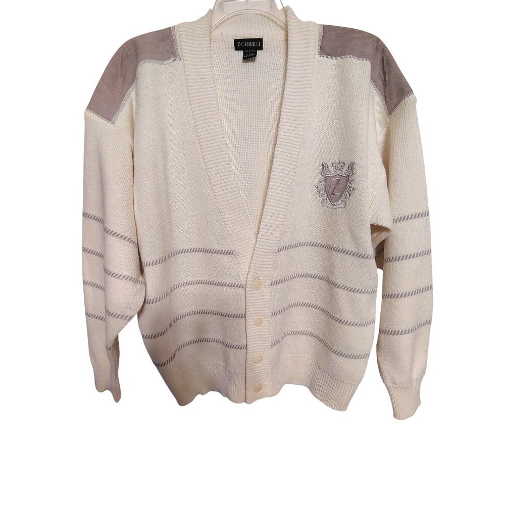 Vintage Z Cavaricci Large Cardigan Sweater, White Gray Stripe Suede Patch Preppy